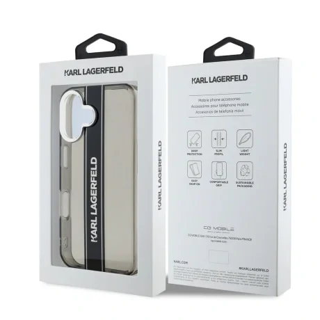 Husă spate Karl Lagerfeld IML cu dungi și logo pentru iPhone 16, neagră
