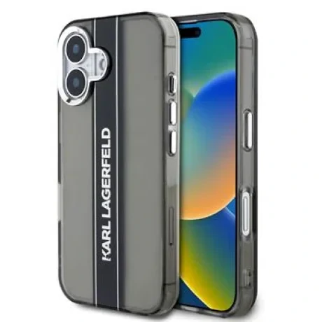 Husă spate Karl Lagerfeld IML cu dungi și logo pentru iPhone 16, neagră