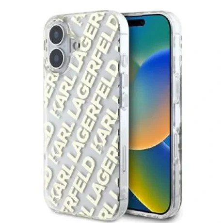 Husă spate Karl Lagerfeld IML cu logo repetat electroplacat pentru iPhone 16, aurie