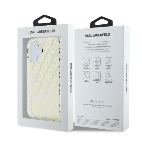 Husă spate Karl Lagerfeld IML cu logo repetat electroplacat pentru iPhone 16, aurie