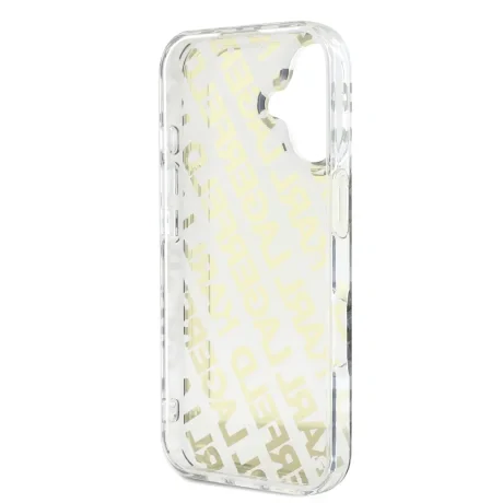 Husă spate Karl Lagerfeld IML cu logo repetat electroplacat pentru iPhone 16, aurie