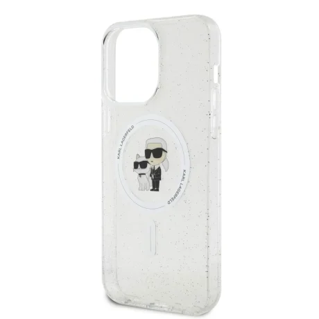 Husă spate Karl Lagerfeld IML Glitter Karl and Choupette MagSafe pentru iPhone 15 Pro Max, transparentă