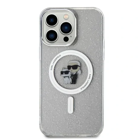 Husă spate Karl Lagerfeld IML Glitter Karl and Choupette MagSafe pentru iPhone 15 Pro Max, transparentă