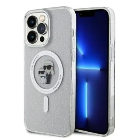 Husă spate Karl Lagerfeld IML Glitter Karl and Choupette MagSafe pentru iPhone 15 Pro Max, transparentă