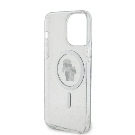 Husă spate Karl Lagerfeld IML Glitter Karl and Choupette MagSafe pentru iPhone 15 Pro Max, transparentă