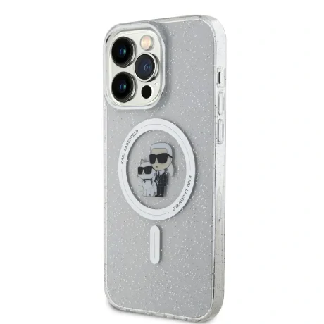 Husă spate Karl Lagerfeld IML Glitter Karl and Choupette MagSafe pentru iPhone 15 Pro Max, transparentă