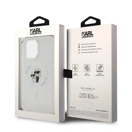 Husă spate Karl Lagerfeld IML Glitter Karl and Choupette MagSafe pentru iPhone 15 Pro Max, transparentă