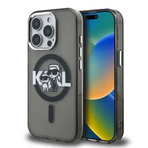 Husă spate Karl Lagerfeld IML Glitter Karl and Choupette Sketch MagSafe pentru iPhone 15 Pro Max, neagră