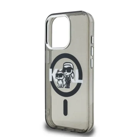 Husă spate Karl Lagerfeld IML Glitter Karl and Choupette Sketch MagSafe pentru iPhone 15 Pro Max, neagră