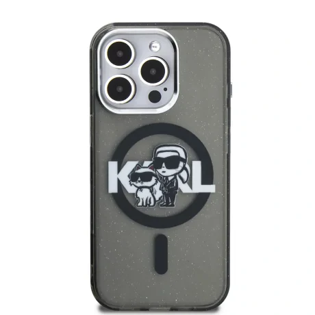Husă spate Karl Lagerfeld IML Glitter Karl and Choupette Sketch MagSafe pentru iPhone 15 Pro Max, neagră