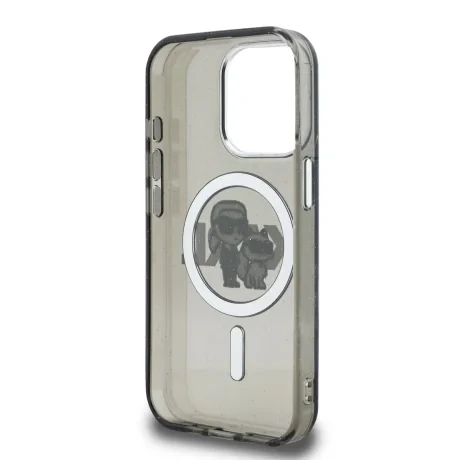 Husă spate Karl Lagerfeld IML Glitter Karl and Choupette Sketch MagSafe pentru iPhone 15 Pro Max, neagră