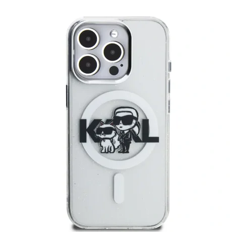 Husă spate Karl Lagerfeld IML Glitter Karl and Choupette Sketch MagSafe pentru iPhone 15 Pro Max, transparentă