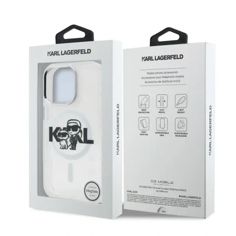 Husă spate Karl Lagerfeld IML Glitter Karl and Choupette Sketch MagSafe pentru iPhone 15 Pro Max, transparentă