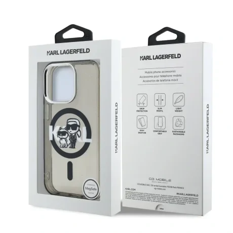 Husă spate Karl Lagerfeld IML Glitter Karl and Choupette Sketch MagSafe pentru iPhone 15 Pro, neagră
