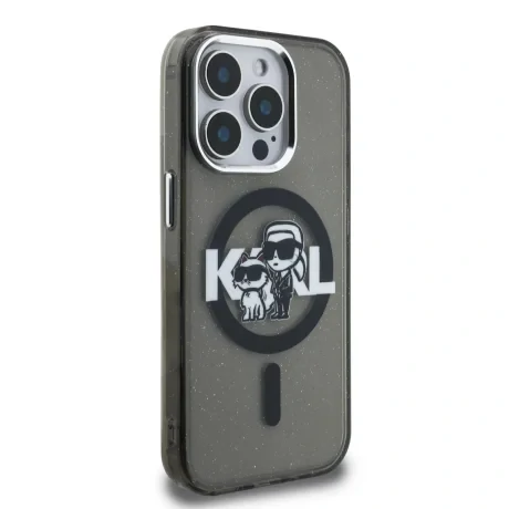 Husă spate Karl Lagerfeld IML Glitter Karl and Choupette Sketch MagSafe pentru iPhone 15 Pro, neagră