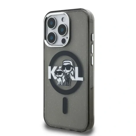 Husă spate Karl Lagerfeld IML Glitter Karl and Choupette Sketch MagSafe pentru iPhone 15 Pro, neagră