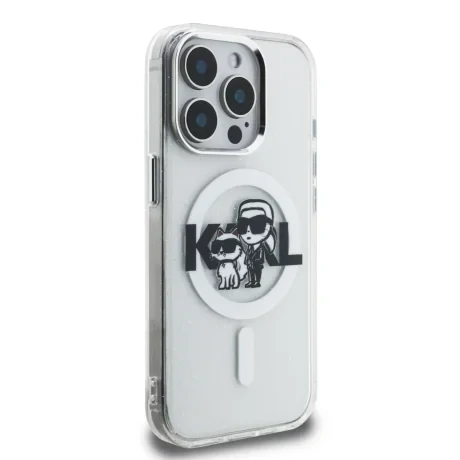 Husă spate Karl Lagerfeld IML Glitter Karl and Choupette Sketch MagSafe pentru iPhone 15 Pro, transparentă