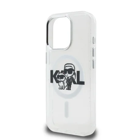 Husă spate Karl Lagerfeld IML Glitter Karl and Choupette Sketch MagSafe pentru iPhone 15 Pro, transparentă