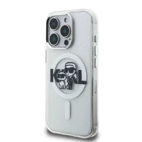 Husă spate Karl Lagerfeld IML Glitter Karl and Choupette Sketch MagSafe pentru iPhone 15 Pro, transparentă