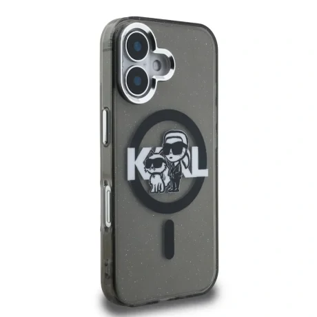 Husă spate Karl Lagerfeld IML Glitter Karl and Choupette Sketch MagSafe pentru iPhone 16, neagră