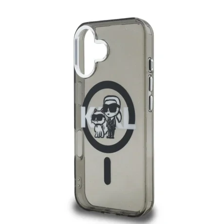 Husă spate Karl Lagerfeld IML Glitter Karl and Choupette Sketch MagSafe pentru iPhone 16, neagră