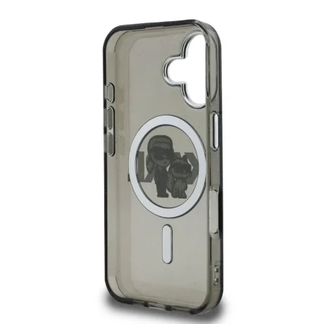 Husă spate Karl Lagerfeld IML Glitter Karl and Choupette Sketch MagSafe pentru iPhone 16, neagră