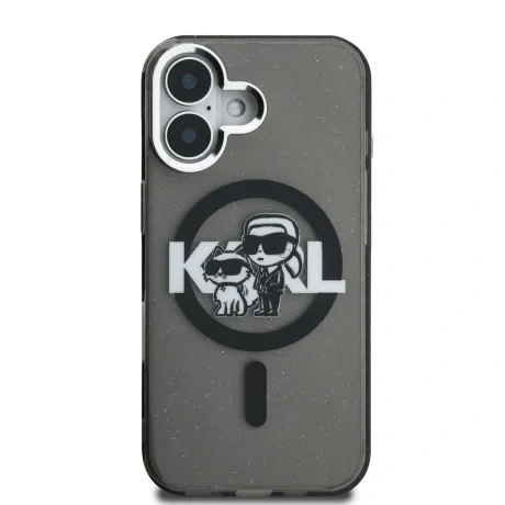 Husă spate Karl Lagerfeld IML Glitter Karl and Choupette Sketch MagSafe pentru iPhone 16, neagră