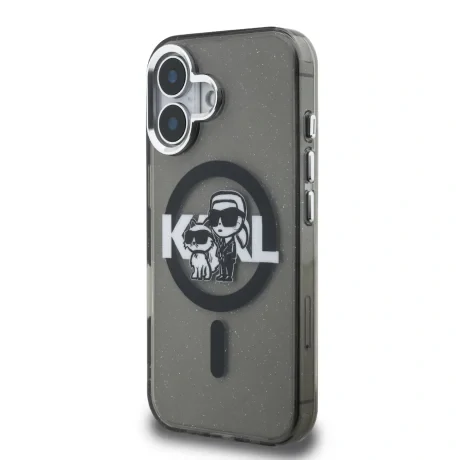 Husă spate Karl Lagerfeld IML Glitter Karl and Choupette Sketch MagSafe pentru iPhone 16, neagră