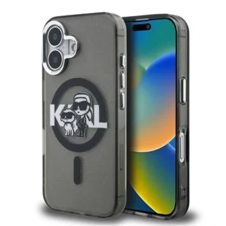 Husă spate Karl Lagerfeld IML Glitter Karl and Choupette Sketch MagSafe pentru iPhone 16, neagră