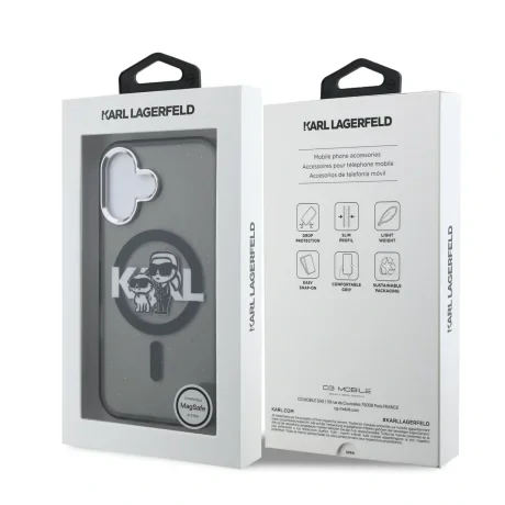 Husă spate Karl Lagerfeld IML Glitter Karl and Choupette Sketch MagSafe pentru iPhone 16, neagră