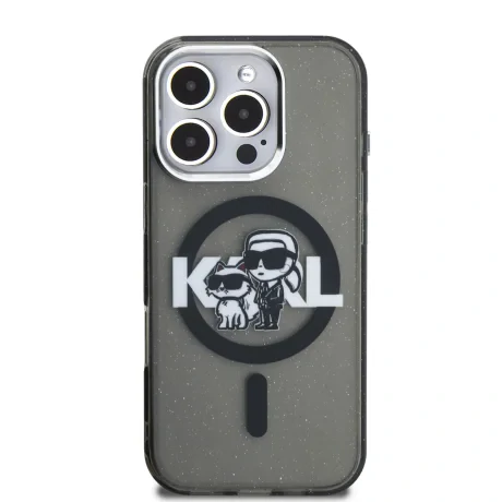 Husă spate Karl Lagerfeld IML Glitter Karl and Choupette Sketch MagSafe pentru iPhone 16 Pro Max, neagră
