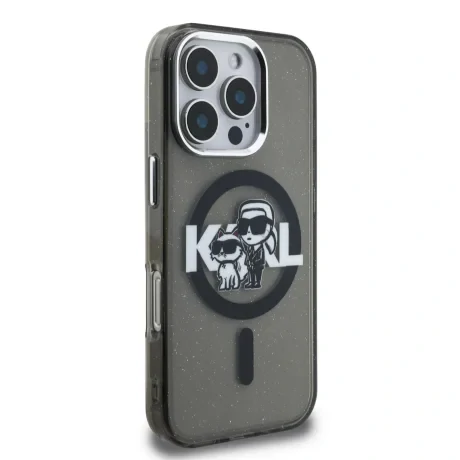 Husă spate Karl Lagerfeld IML Glitter Karl and Choupette Sketch MagSafe pentru iPhone 16 Pro, neagră