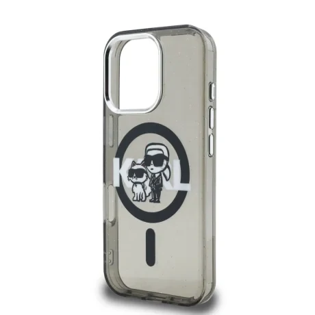 Husă spate Karl Lagerfeld IML Glitter Karl and Choupette Sketch MagSafe pentru iPhone 16 Pro, neagră