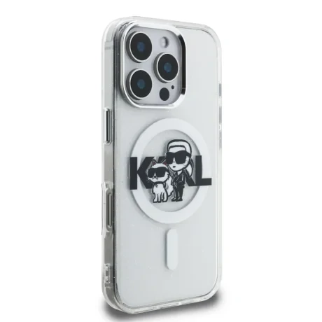 Husă spate Karl Lagerfeld IML Glitter Karl and Choupette Sketch MagSafe pentru iPhone 16 Pro, transparentă