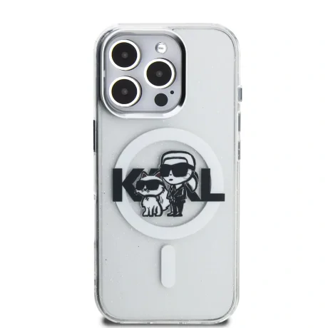 Husă spate Karl Lagerfeld IML Glitter Karl and Choupette Sketch MagSafe pentru iPhone 16 Pro, transparentă