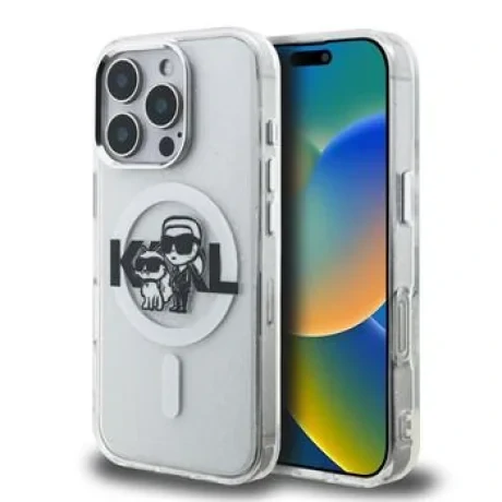 Husă spate Karl Lagerfeld IML Glitter Karl and Choupette Sketch MagSafe pentru iPhone 16 Pro, transparentă