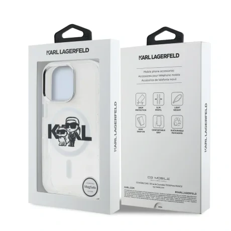 Husă spate Karl Lagerfeld IML Glitter Karl and Choupette Sketch MagSafe pentru iPhone 16 Pro, transparentă