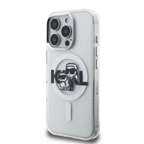 Husă spate Karl Lagerfeld IML Glitter Karl and Choupette Sketch MagSafe pentru iPhone 16 Pro, transparentă