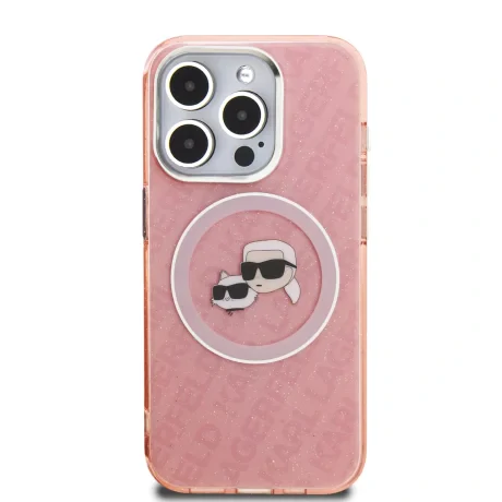 Husă spate Karl Lagerfeld IML K&amp;amp;CH Heads cu logo repetat MagSafe pentru iPhone 15 Pro Max, roz