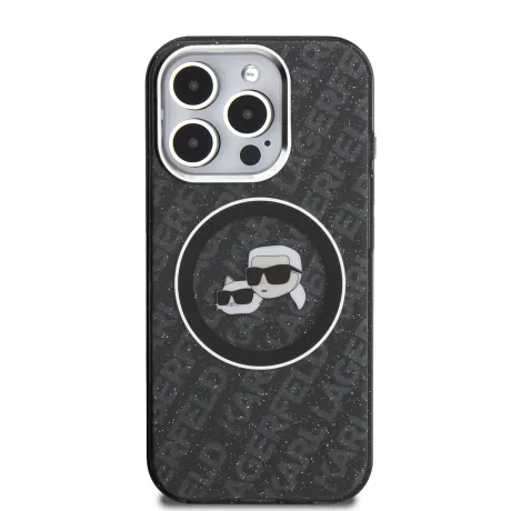 Husă spate Karl Lagerfeld IML K&amp;amp;CH Heads cu logo repetat MagSafe pentru iPhone 15 Pro, neagră