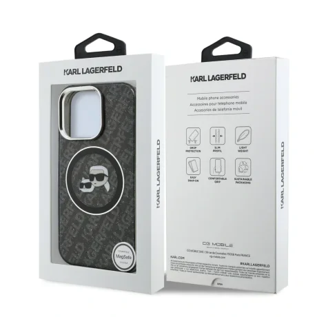 Husă spate Karl Lagerfeld IML K&amp;amp;CH Heads cu logo repetat MagSafe pentru iPhone 15 Pro, neagră