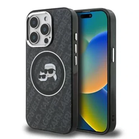Husă spate Karl Lagerfeld IML K&amp;amp;CH Heads cu logo repetat MagSafe pentru iPhone 15 Pro, neagră
