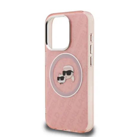 Husă spate Karl Lagerfeld IML K&amp;amp;CH Heads cu logo repetat MagSafe pentru iPhone 15 Pro, roz