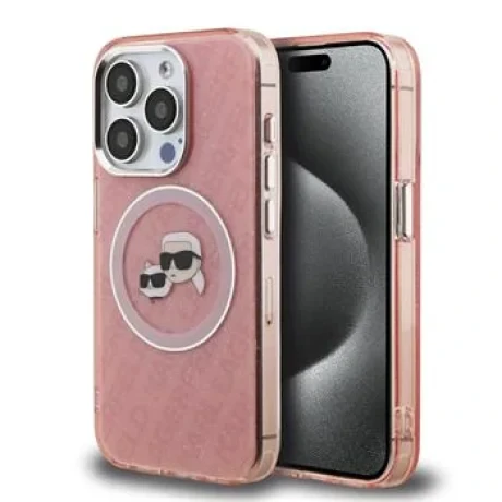 Husă spate Karl Lagerfeld IML K&amp;amp;CH Heads cu logo repetat MagSafe pentru iPhone 15 Pro, roz