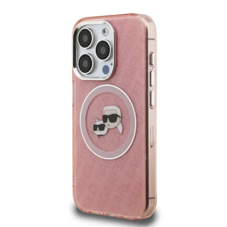 Husă spate Karl Lagerfeld IML K&amp;amp;CH Heads cu logo repetat MagSafe pentru iPhone 15 Pro, roz