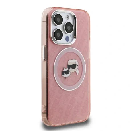 Husă spate Karl Lagerfeld IML K&amp;amp;CH Heads cu logo repetat MagSafe pentru iPhone 15 Pro, roz