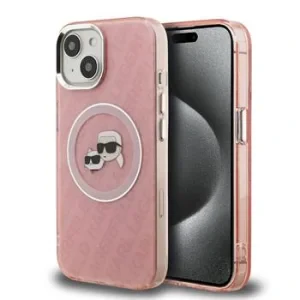 Husă spate Karl Lagerfeld IML K&amp;amp;CH Heads cu logo repetat MagSafe pentru iPhone 15, roz