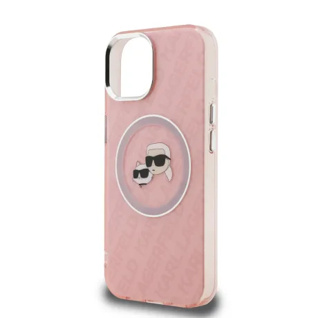 Husă spate Karl Lagerfeld IML K&amp;amp;CH Heads cu logo repetat MagSafe pentru iPhone 15, roz