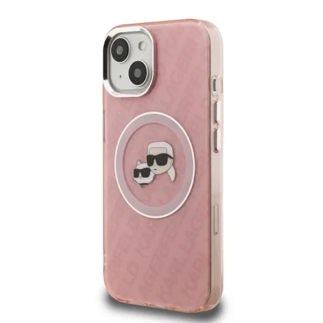 Husă spate Karl Lagerfeld IML K&amp;amp;CH Heads cu logo repetat MagSafe pentru iPhone 15, roz
