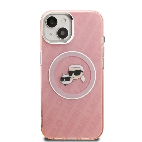 Husă spate Karl Lagerfeld IML K&amp;amp;CH Heads cu logo repetat MagSafe pentru iPhone 15, roz